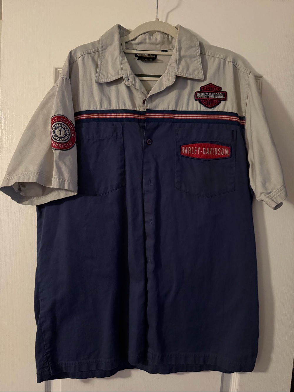 Vintage Harley Davidson Shirt Mens L Blue Racing Logo Motor Clothes Button Up